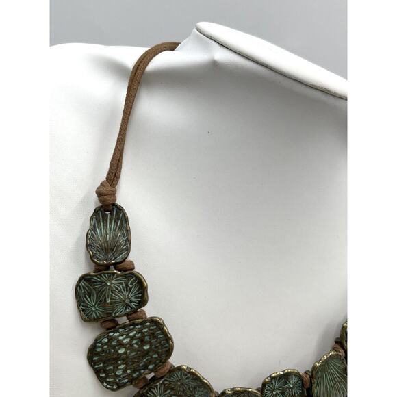 St. Thomas Etched Medallions Copper Tone Brown Suede Patina Statement Necklace - Picture 11 of 15